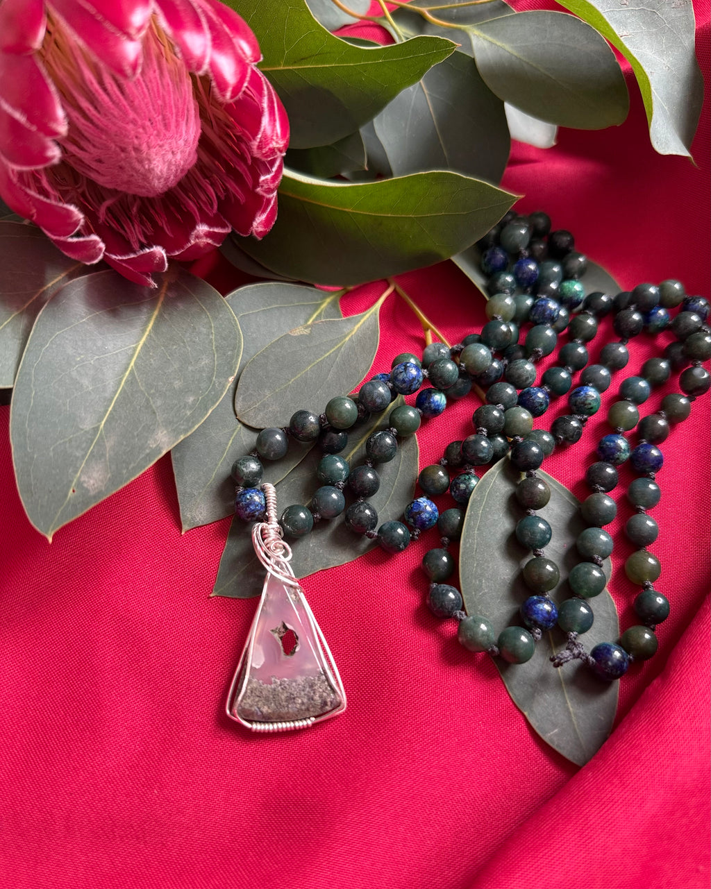 Serenity Mala: 108 bead Green Moss Agate & Azurite with malachite Mala