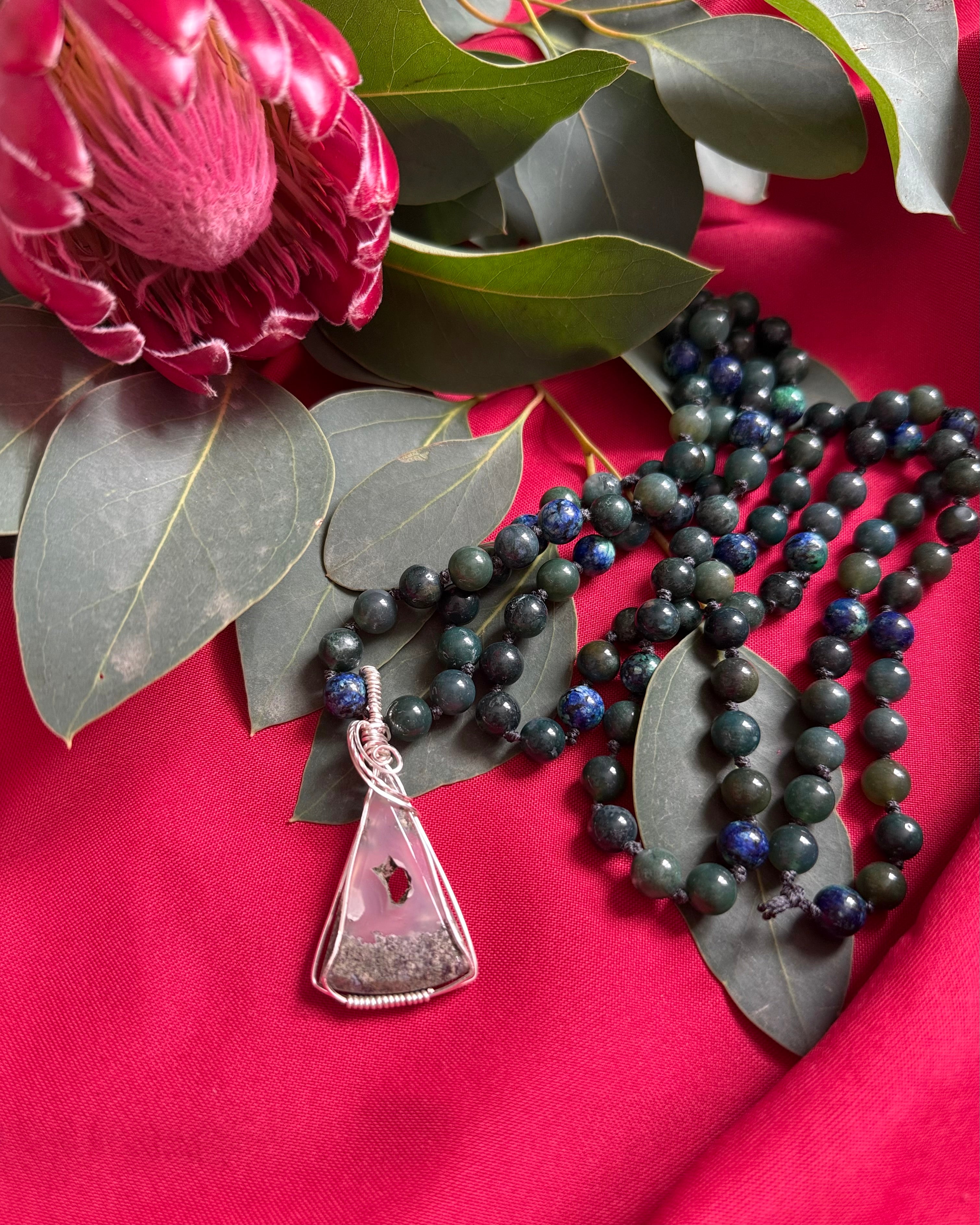 Serenity Mala: 108 bead Green Moss Agate & Azurite with malachite Mala