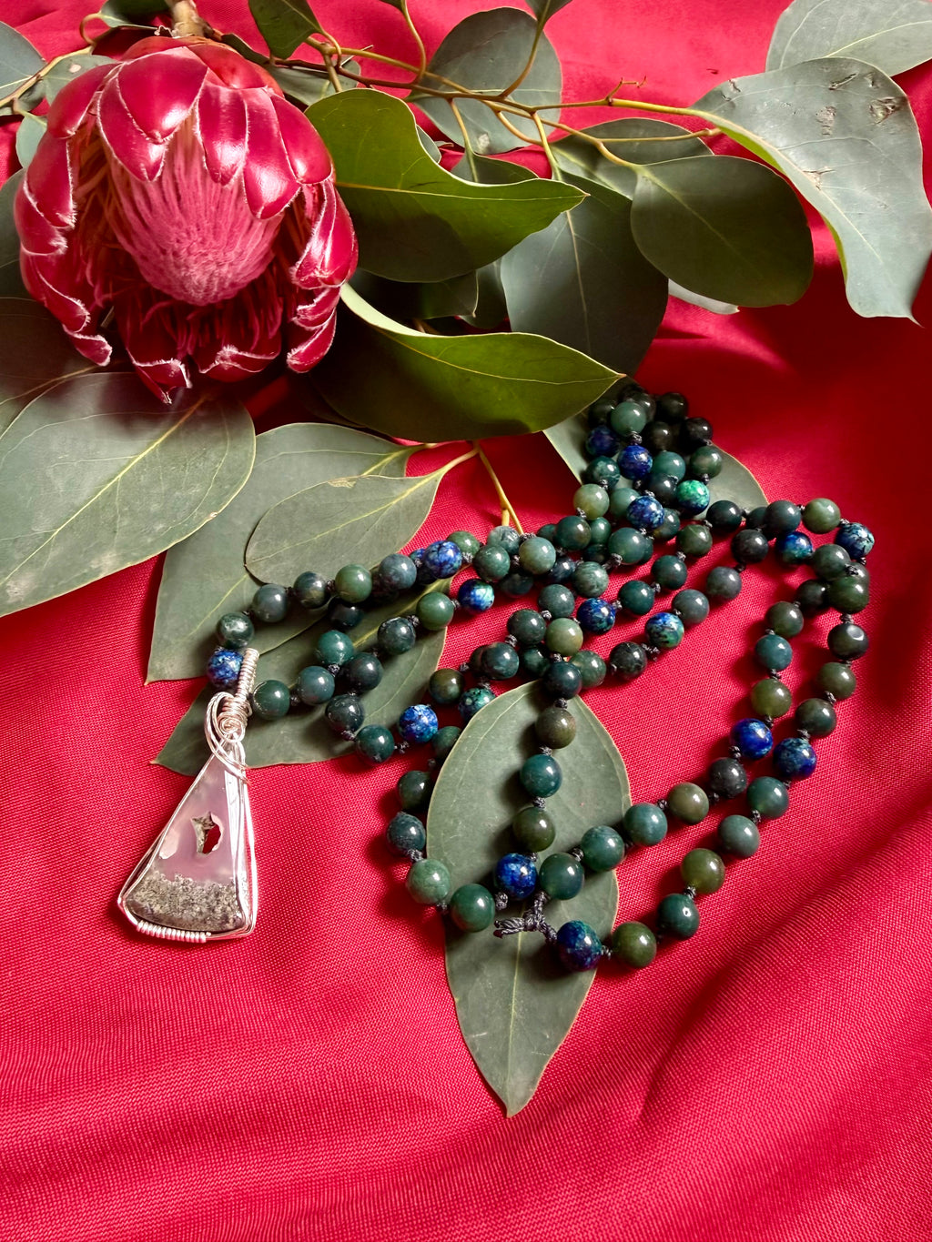 Serenity Mala: 108 bead Green Moss Agate & Azurite with malachite Mala