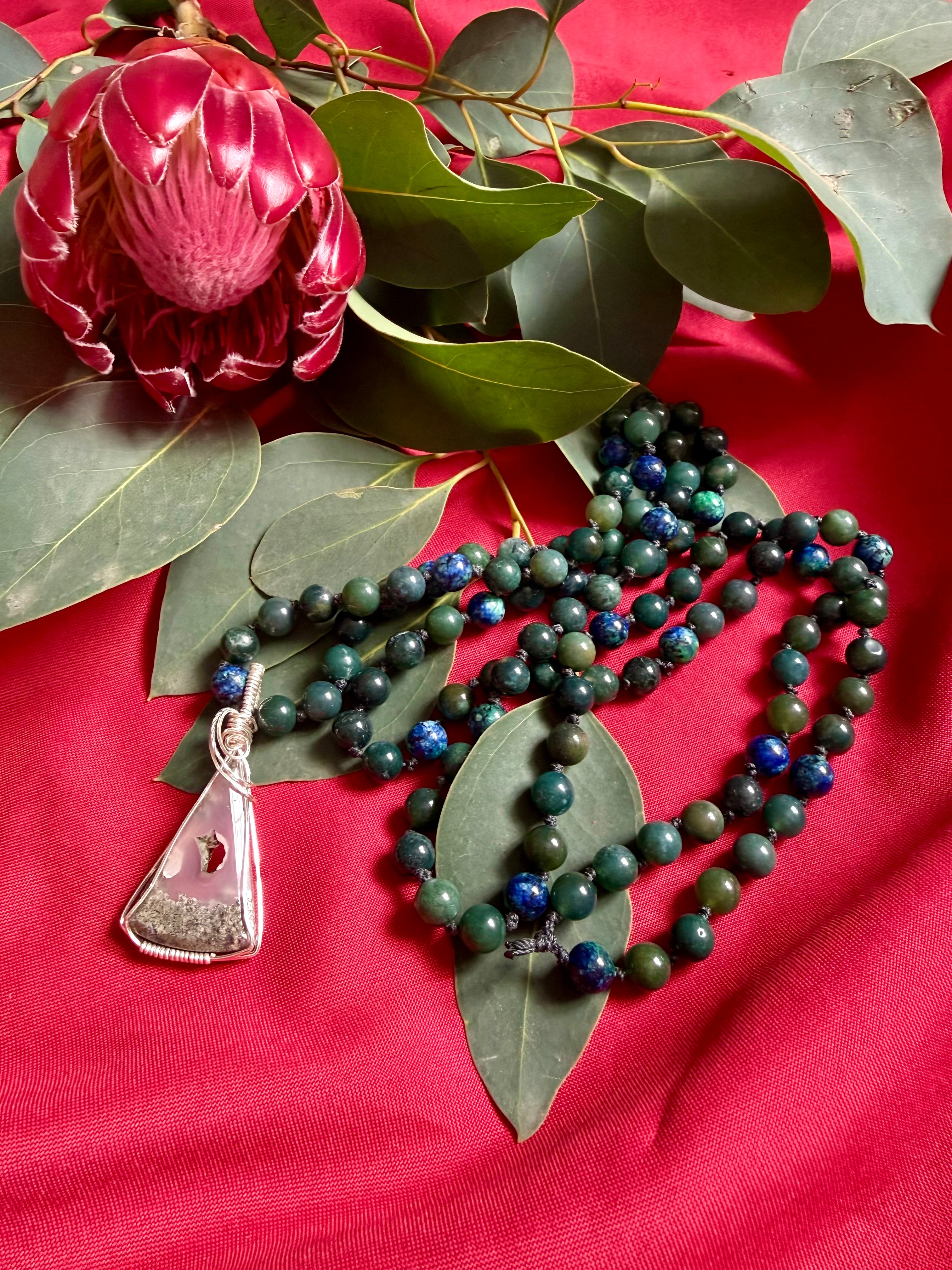 Serenity Mala: 108 bead Green Moss Agate & Azurite with malachite Mala