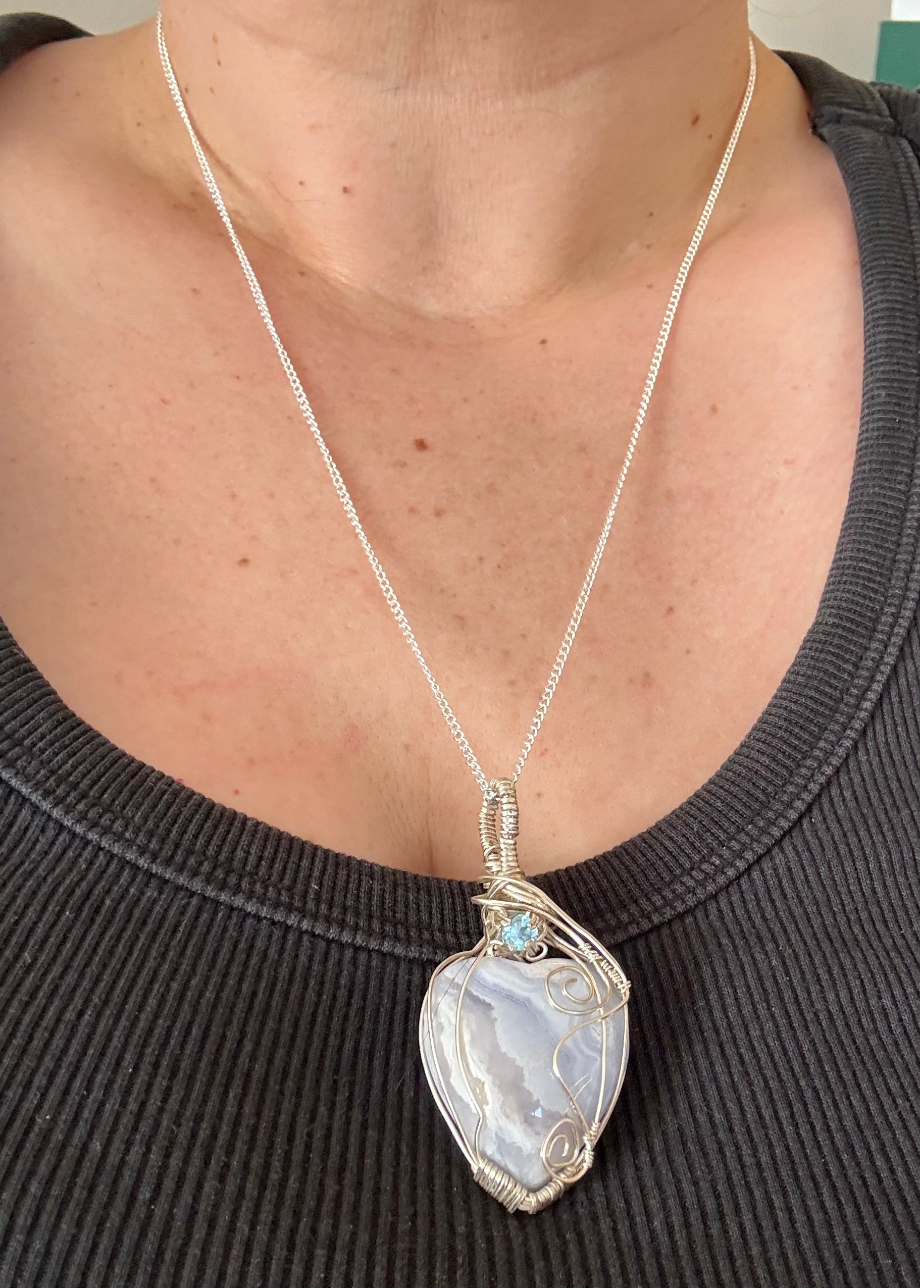Blue lace agate heart pendant with sky blue topaz accent stone