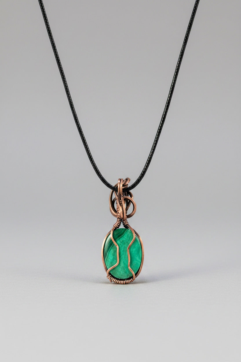 Copper Wire Wrapped Malachite Pendant Necklace