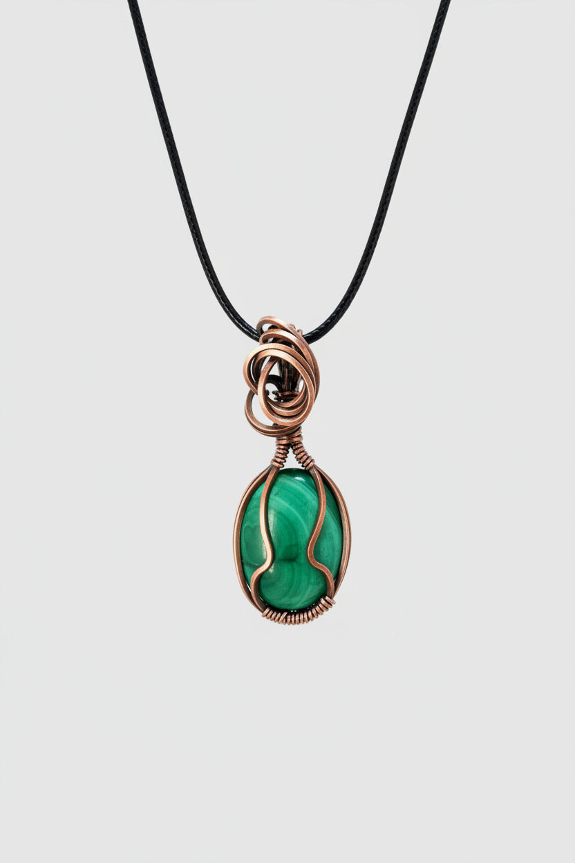 Copper Wire Wrapped Malachite Pendant Necklace