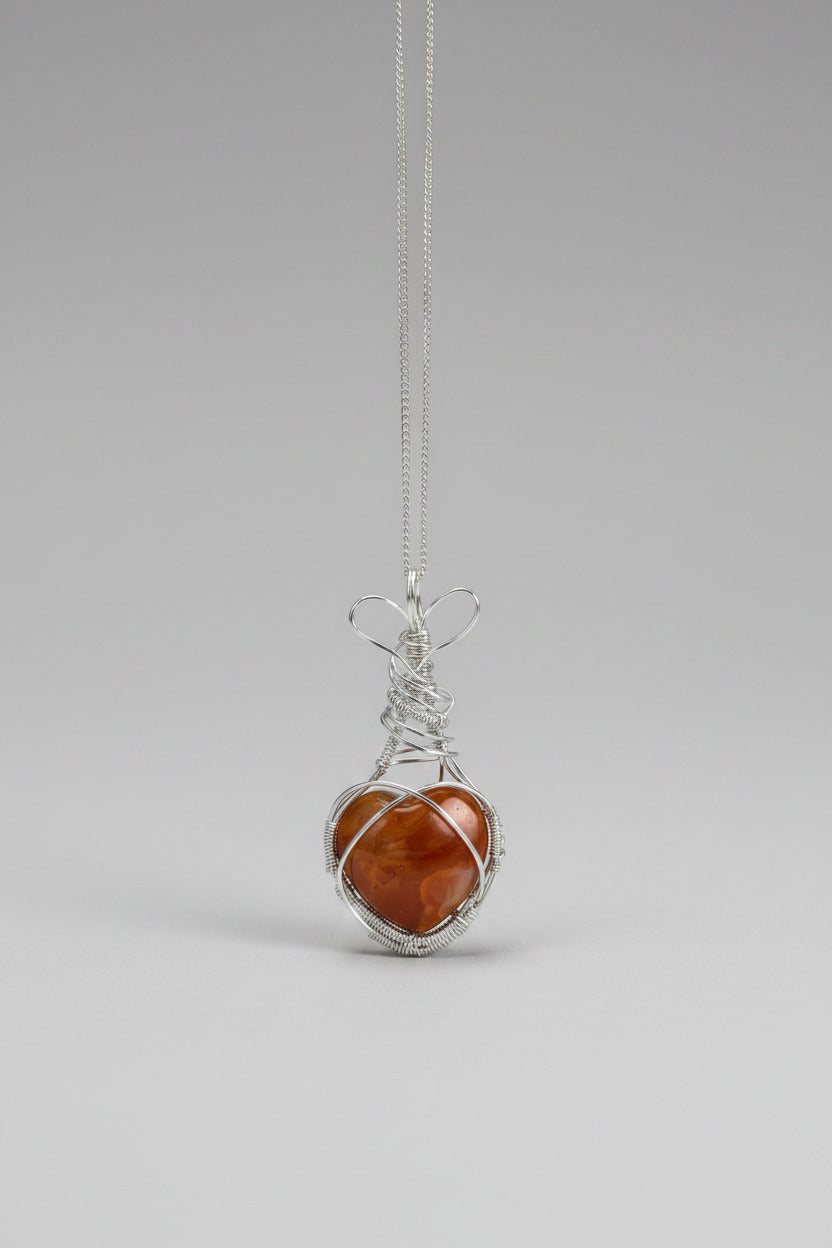 Carnelian Heart Pendant Necklace – Silver Plated Wire Wrap