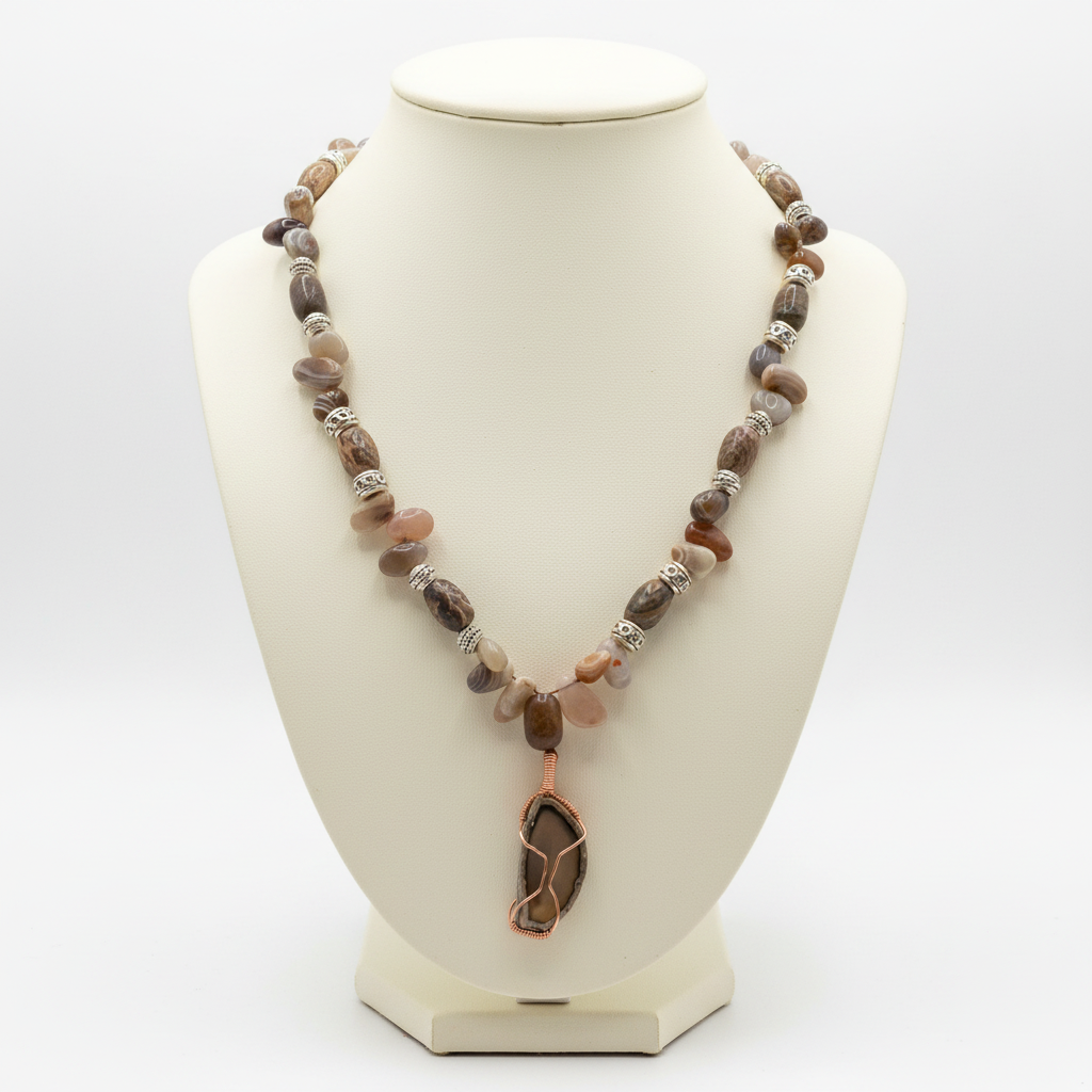 Beaded Necklace with Copper Wire-Wrapped Pendant