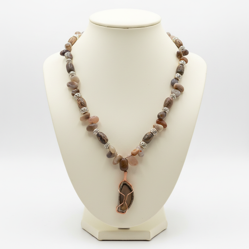 Beaded Necklace with Copper Wire-Wrapped Pendant
