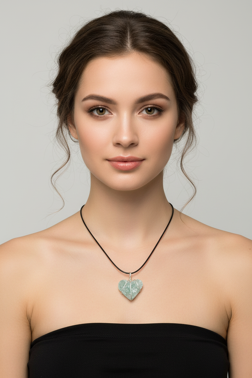 Green Amethyst Druzy Heart Pendant Necklace on Female Model