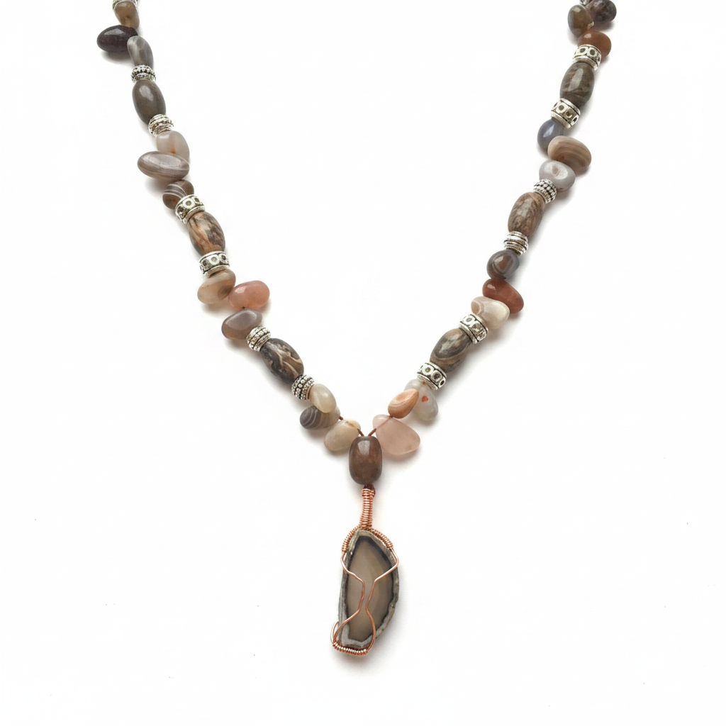 Botswana Agate & Copper Wire-Wrapped Necklace