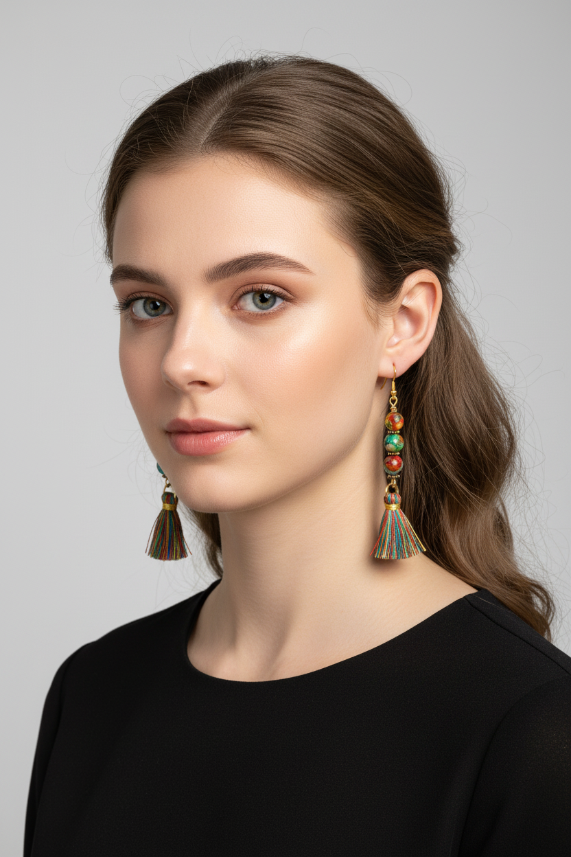 Sea Sediment Jasper Tassel Earrings on Female Model