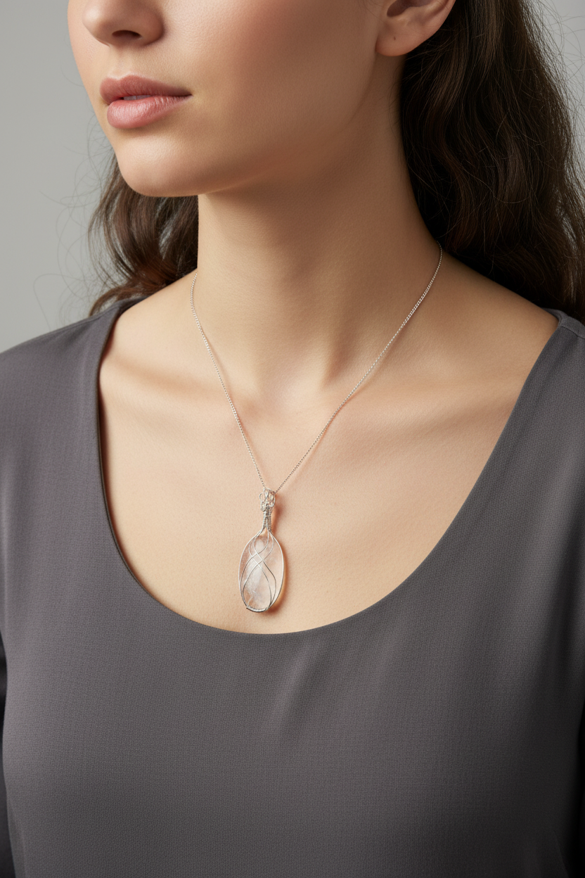 Silver Wire Wrapped Clear Quartz Pendant on Female Model
