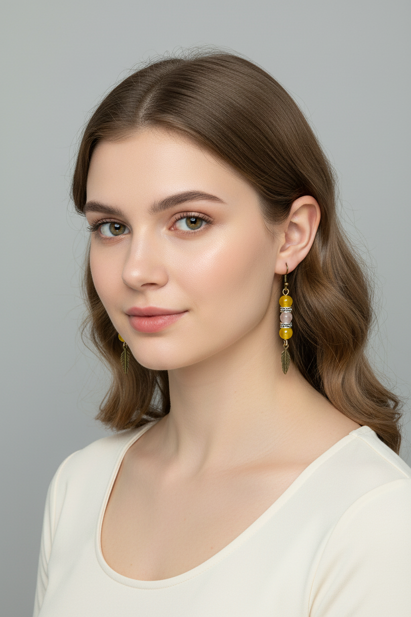Yellow Carnelian & Honey Citrine Feather Earrings on Female Model